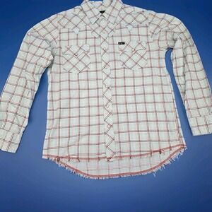 SOUTHERN THREAD‎ Men's AQUA BLUE Plaid TEXTURED KNIT Fray Hem PEARL SNAP Shirt M
